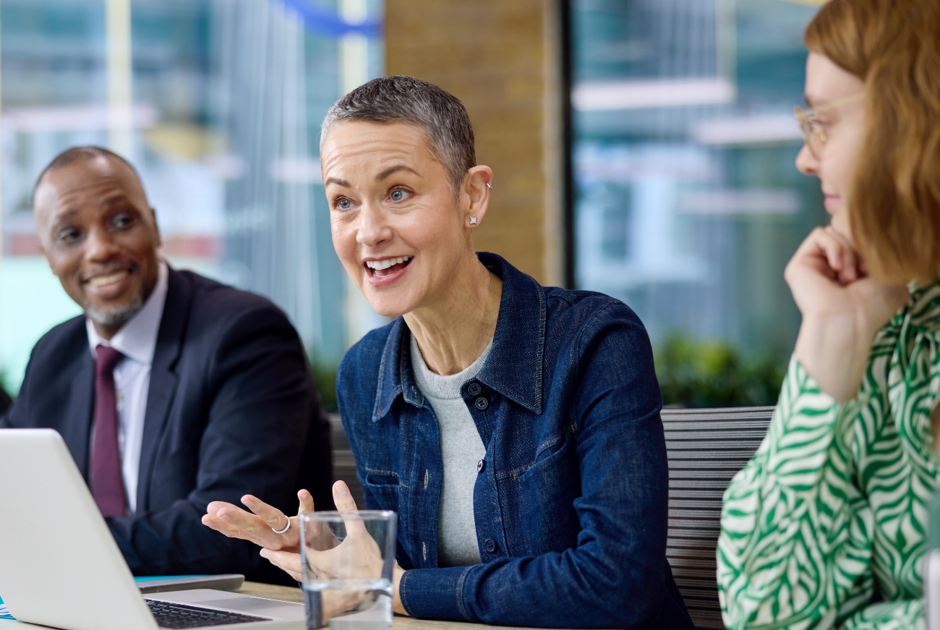 Leadership consultant sitting at conference table in modern office with an organisation's senior leadership team to discuss leadership capability and development across the business.