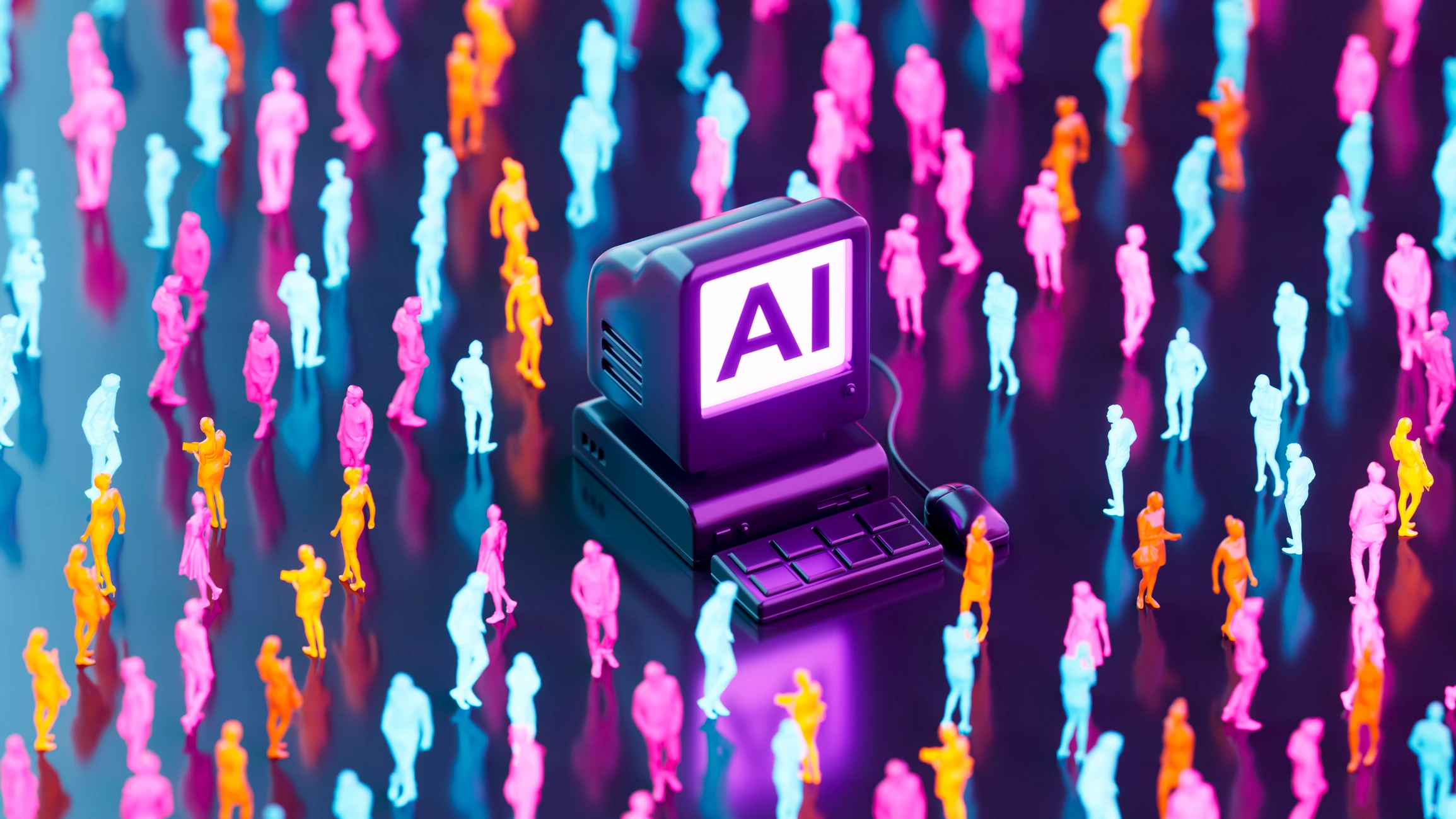 AI system surrounded by people, illustrating how artificial intelligence influences organisations and society.